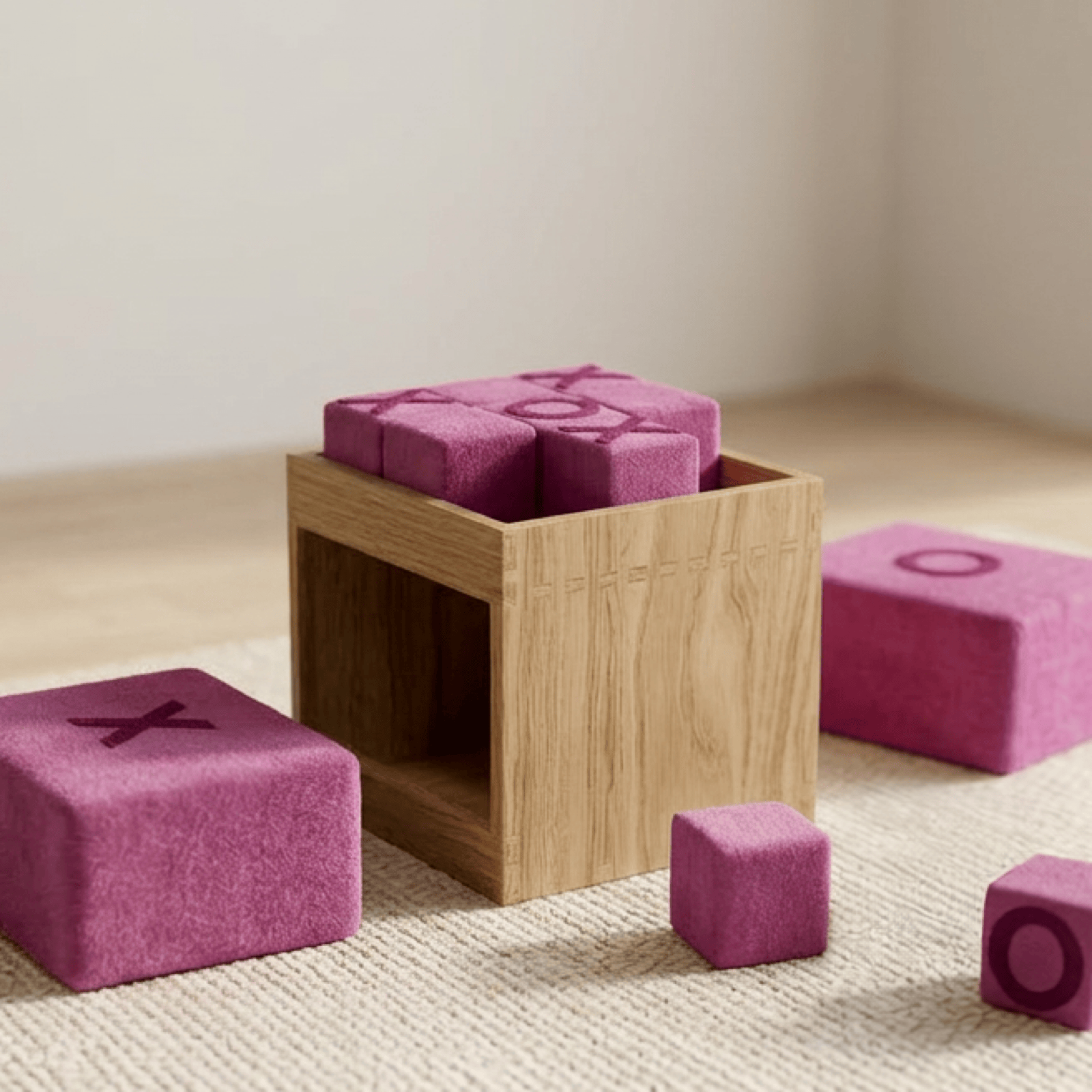 Taku stool with magenta cushions styled in a room